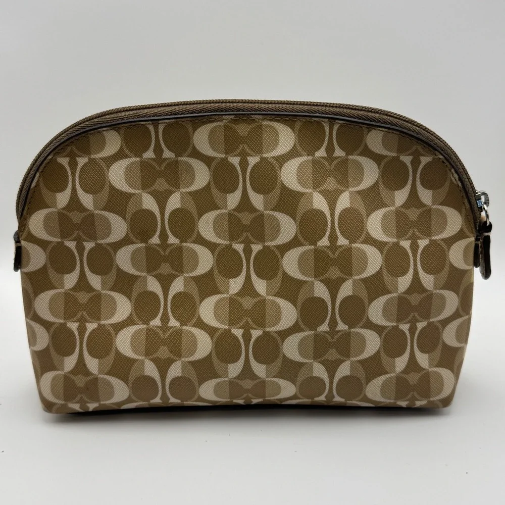 Coach Signature C Monogram Cosmetic Pouch Makeup Bag Tan Cream‎